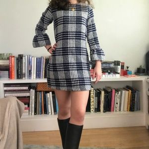 Navy & Cream Houndstooth Dress w/ Ruffle Sleeve